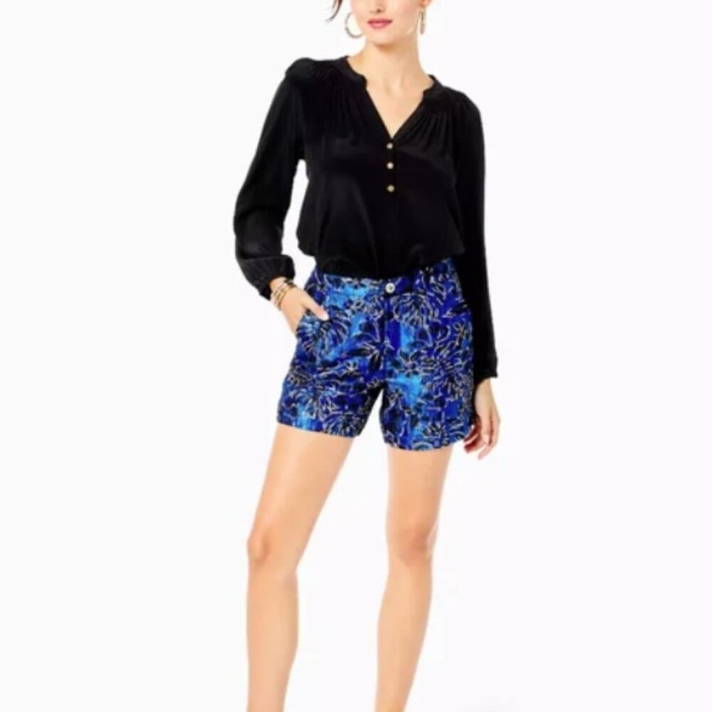 Lilly Pulitzer blue, black and gold metallic high rise shorts, 2
